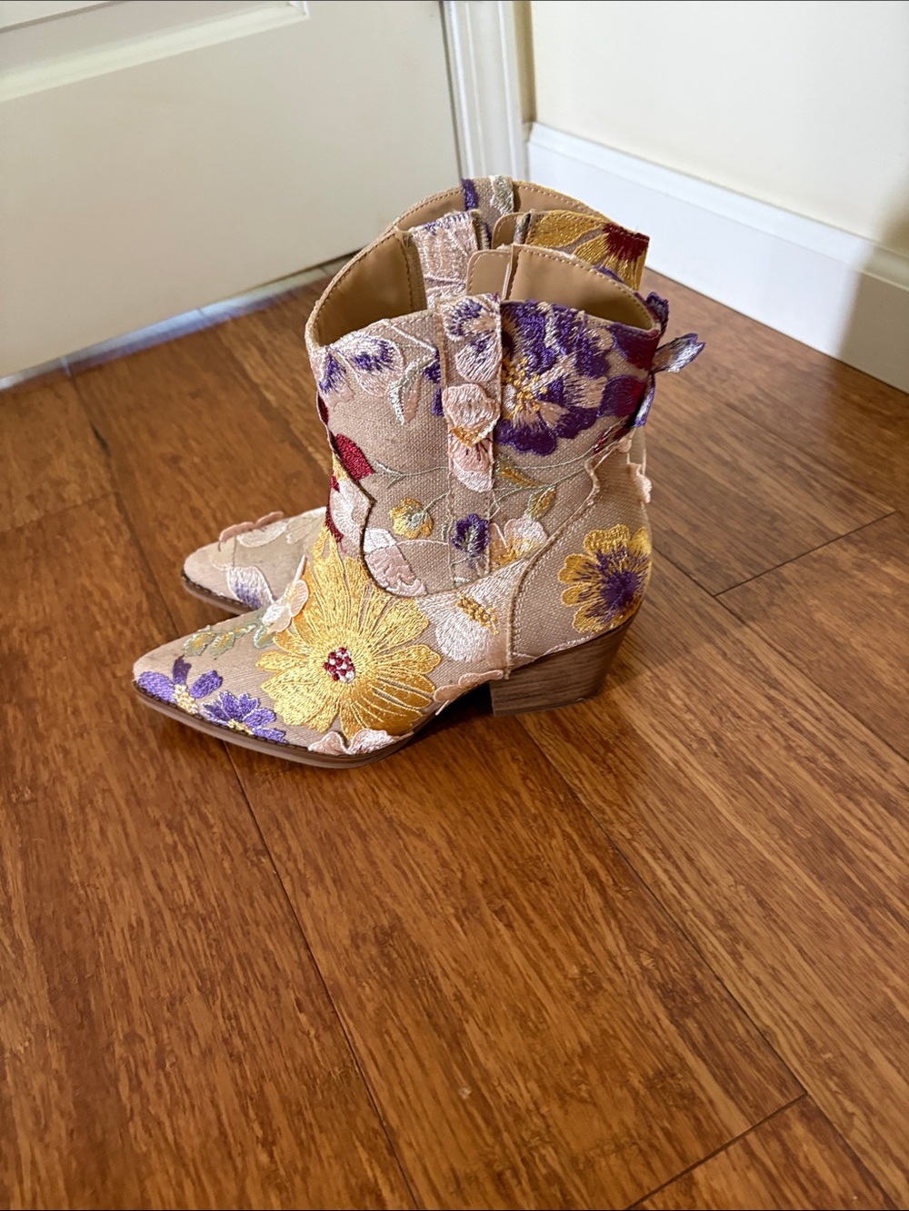 Floral Embroidered Ankle Boots - Beige with Yellow & Purple